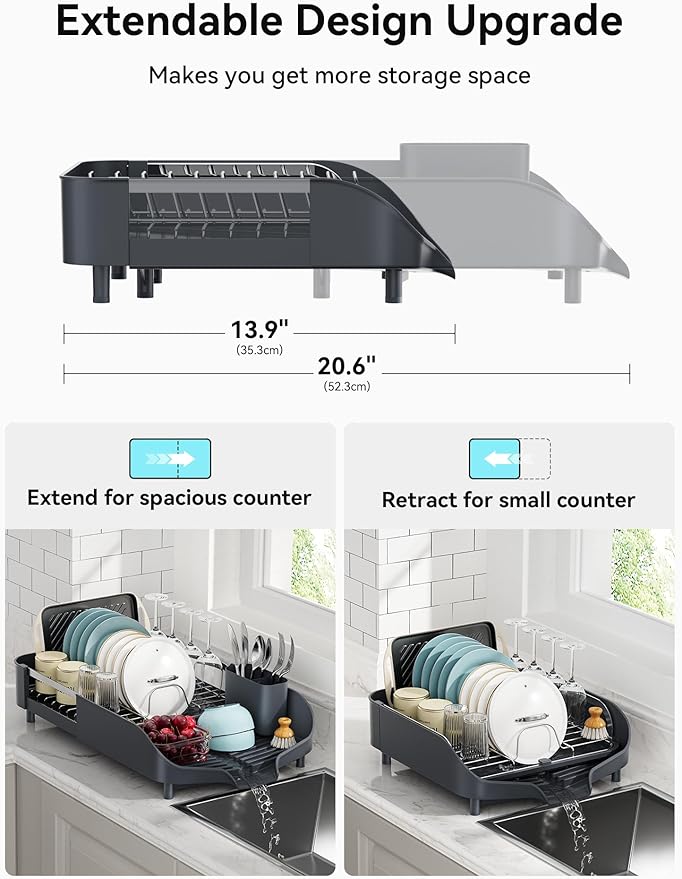 SUNLY Dish Drying Rack, Expandable Dish Racks for Kitchen Counter, Space Saving Kitchen Drying Rack with Sleek & Modern Design, Rust Proof Stainless Steel Dish Drainers with Utensil Holder, Deep Gray