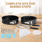 WERTIOO 138pcs Springform Cake Pan Sets for Baking with Cake Decorating Kit, 3 Round Non-Stick Cake Pans Set (6, 8, 10 inches), Leak-Proof Cheesecake Baking Pans with Icing Tips, Cake Leveler & eBook