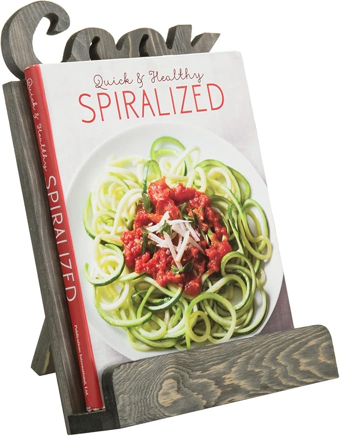 MyGift Solid Wood Countertop Cookbook Holder Tablet Book Stand with Kickstand and Decorative COOK Cutout Letters, Gray