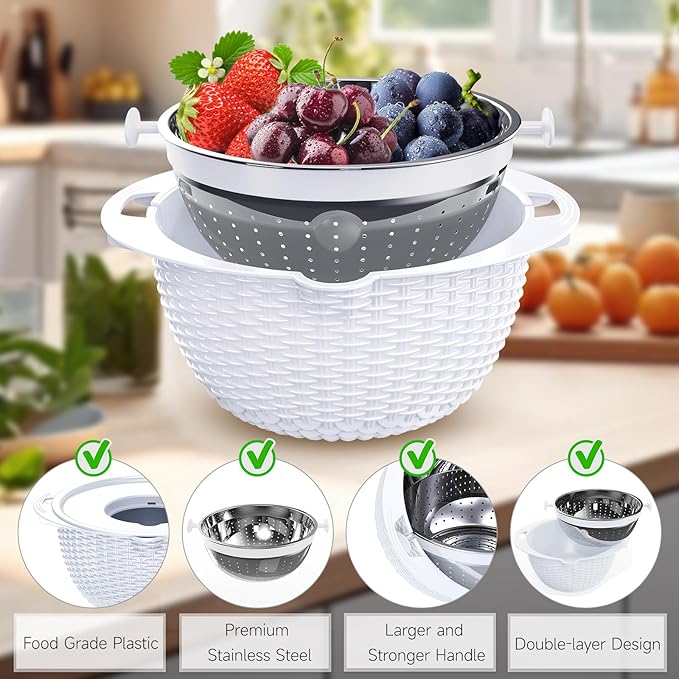 4-1 Colander with Bowl Set - Pasta Strainer - Colander for Kitchen - Strainers and Colanders Rice Strainer Fruit Cleaner Veggie Wash Sink Strainer Kitchen Essentials - White