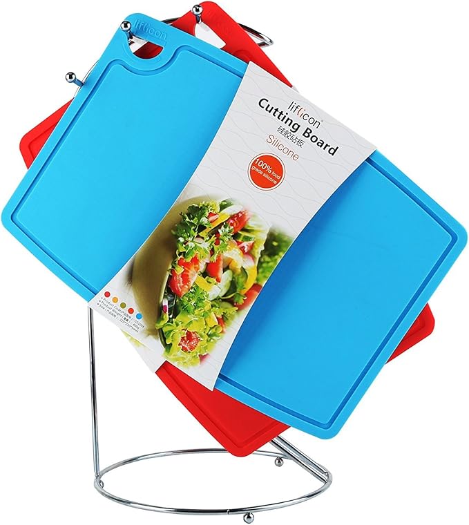 Thick Cutting Boards for Kitchen Silicone Chopping Board Set of 2 Mid 12.6'' x 9.1”,Mini 9.1”x7.1” Non-slip Deep Drip Juice Groove Easy Grip Handle,Dishwasher Safe-Blue