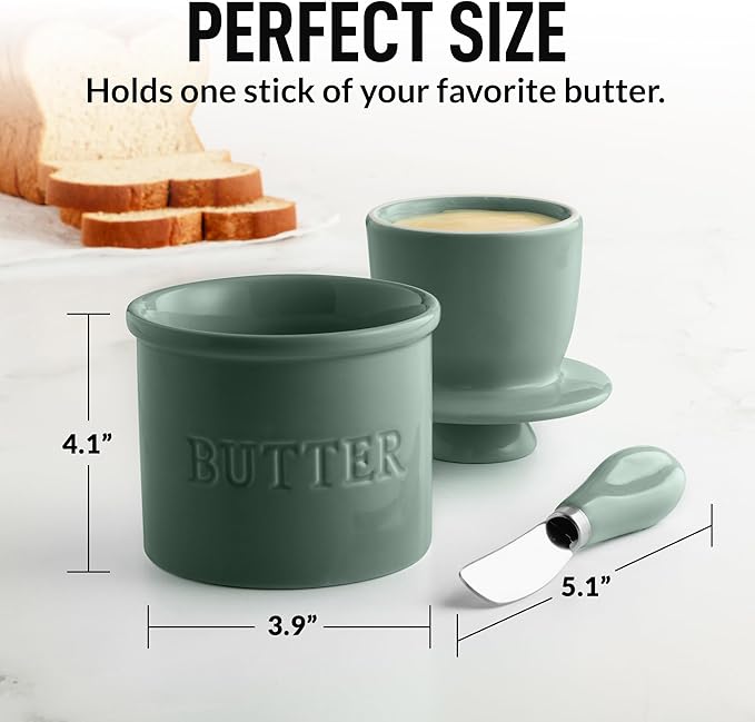 Zulay Kitchen Porcelain Butter Crock With Lid & Knife - Authentic French Butter Dish For Fresh & Spreadable Butter - Deep Sea