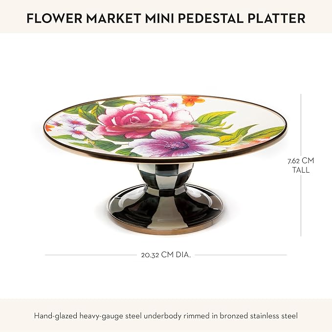 MACKENZIE-CHILDS Enamel Pedestal Platter, Round Cake Stand, Mini White Flower Market
