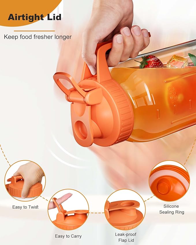 Glass Pitcher with Airtight Lid and Spout, 64oz Glass Mason Jar | Wide Mouth | Leakproof | Water Jug for Juice, Sun Iced Tea, Cold Brew Coffee, Milk Storage, Orange