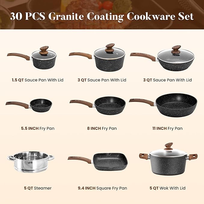 Kitchen Induction Cookware & Bakeware Set - 30 Piece Black Granite Cooking Pans Set, Non-Stick Pots and Pans Set