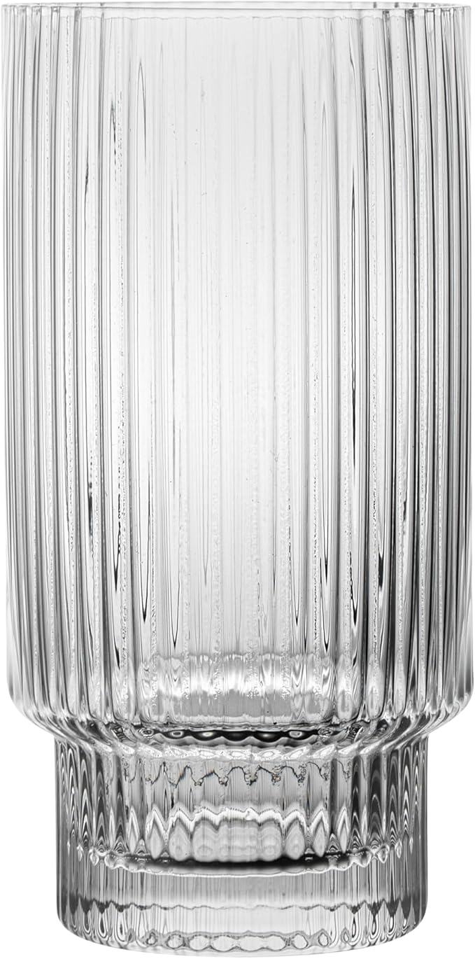 Restaurantware-Vetri 10 Ounce Highball Glasses, 24 Ribbed Drinking Glasses - No-Lead, Dishwashable, Clear Glass Tumblers For Scotch, For Drinking Liquor, Cocktail, Bourbon, Cognac, And More