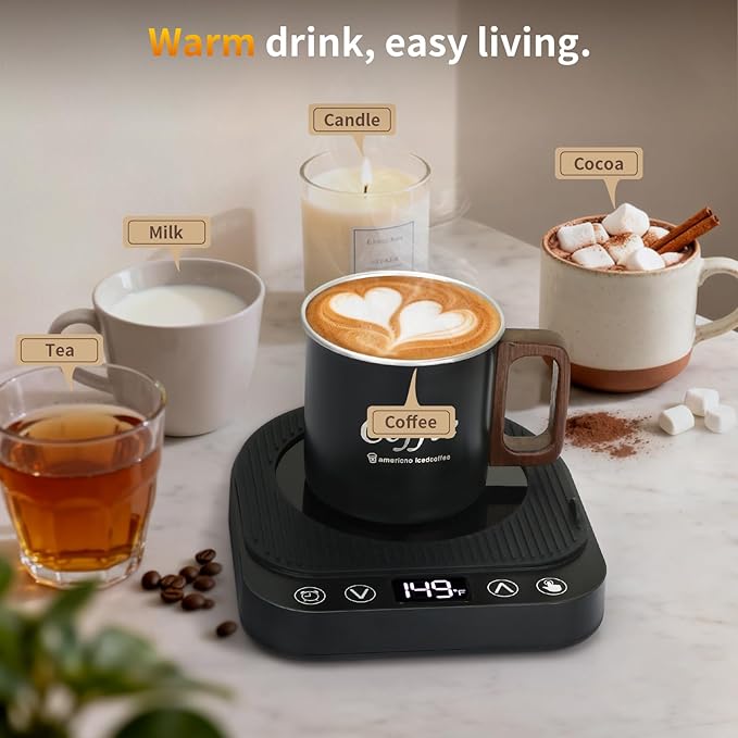 Smart Coffee Mug Warmer, 50W Fast Heating Coffee Warmer for Desk with 5 Temperature Control & 2-12H Auto Shut Off, Electric Large Panel Cup Warmer for Milk, Beverage, Candle, Matte Black