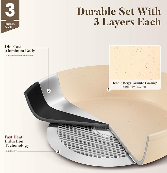 Kitchen Academy Induction Pots and Pans Set Non Stick - 12 Pieces Nonstick Kitchen Cookware Set, Granite Cooking Set Pots and Pans, Beige