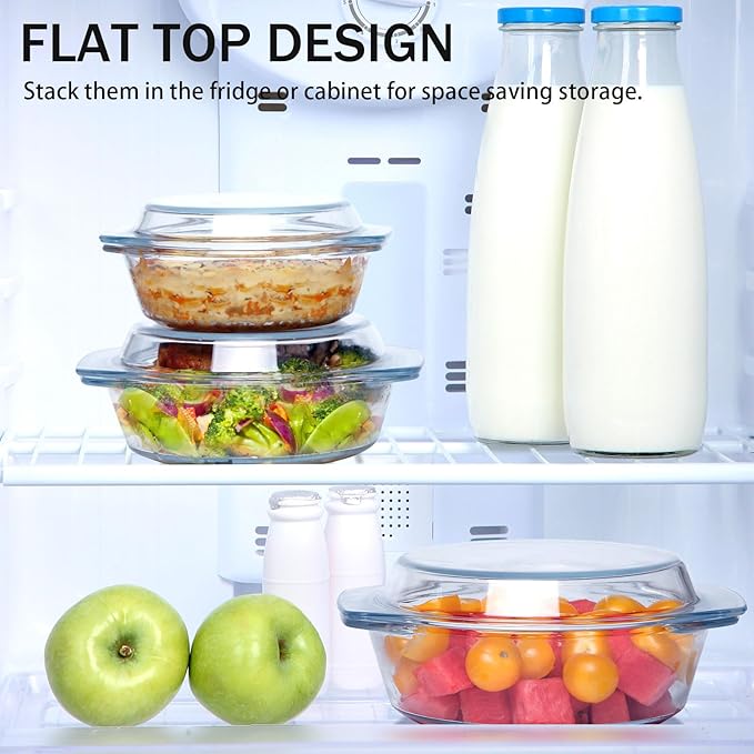NUTRIUPS Round Glass Casserole Dish Set, Casseroles Cookware with Glass Lid, Casserole Dish With Lid(Set of 3-0.65L+1L+1.4L)