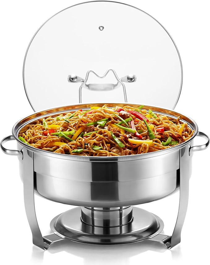 Chafing Dish for Buffet Set, by Kook, Catering Food Warmers, Round Dishes, Warmer Tray, Stainless Steel with Glass Cover and Holder, for Parties, Dinners, 4.5 Qt