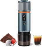 CONQUECO Portable Espresso Coffee Machine: 12V Electric Small Travel Expresso Maker - Self Heating 8 Cups Battery Powered Compatible for Nespresso Capsule - for Camping RV Hiking Office (Smoke Blue)