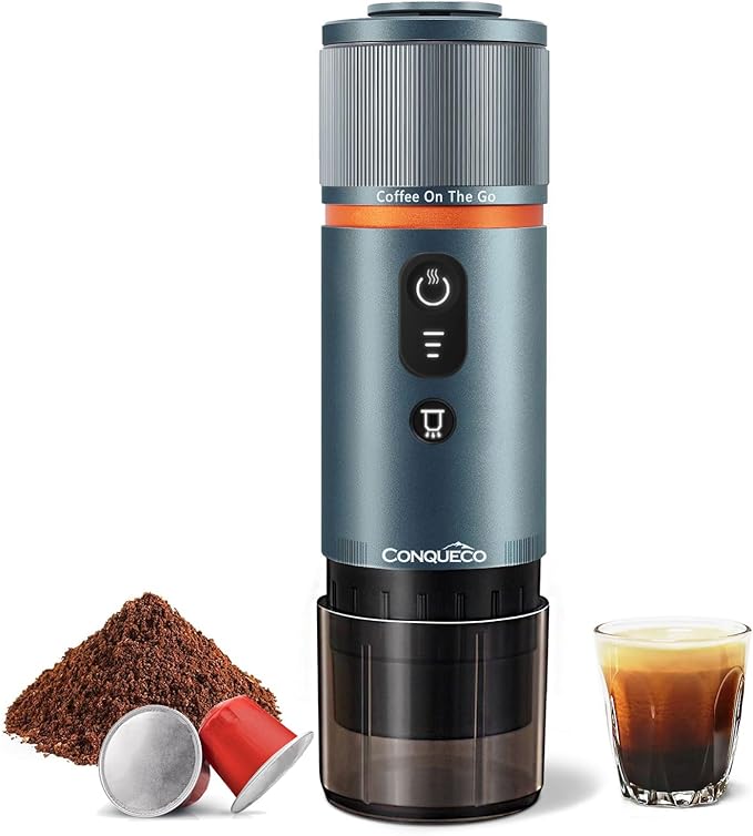 CONQUECO Portable Espresso Coffee Machine: 12V Electric Small Travel Expresso Maker - Self Heating 8 Cups Battery Powered Compatible for Nespresso Capsule - for Camping RV Hiking Office (Smoke Blue)