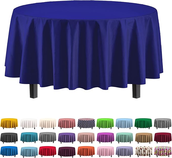 Exquisite Party Solids 12-Pack Premium Plastic Tablecloth 84in. Round Table Cover - Navy Blue