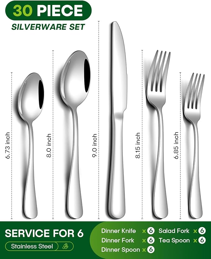 30 Piece Silverware Set, Stainless Steel Flatware Set for 6 Food Grade Novelty Flatware Cutlery Utensil Set Include Knife Fork Spoon Mirror Polished Dishwasher Safe