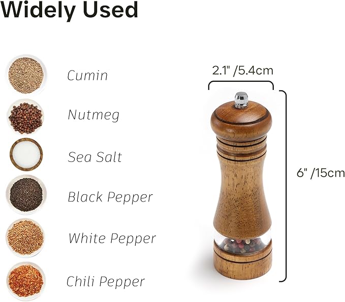Wooden Salt and Pepper Grinder Set, Premium Oak Wood Salt Grinders Shakers, Pepper Mill with Acrylic Clear Window, Adjustable Ceramic Grinder - 6 inches, 2 Pack