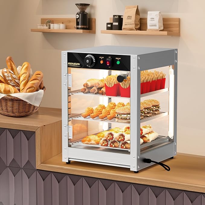 ROVSUN 3-Tier Commercial Food Warmer, 15" Pizza Warmer Food Warmer Display with LED Adjustable Lighting Glass Door Removable Shelves, Countertop Electric Food Warmer for Buffet Restaurant 110V 800W