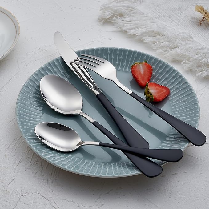Black Silverware Set 20 Piece 18/0 Stainless Steel Flatware Black Handle Cutlery Set Service for 4 Black Forks Spoons and Knives Set unique silverware set Mirror Finish Dishwasher Safe