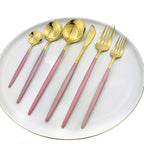 24Pcs Gold Mirror Silverware Flatware With Pink Handle, 18/0 Stainless Steel Cutlery Set Utensils Kitchen Dinnerware Include Knife Fork Spoon and Teaspoon, Service for 4