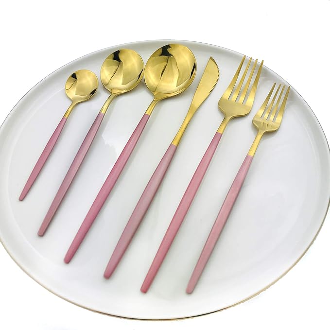 24Pcs Gold Mirror Silverware Flatware With Pink Handle, 18/0 Stainless Steel Cutlery Set Utensils Kitchen Dinnerware Include Knife Fork Spoon and Teaspoon, Service for 4