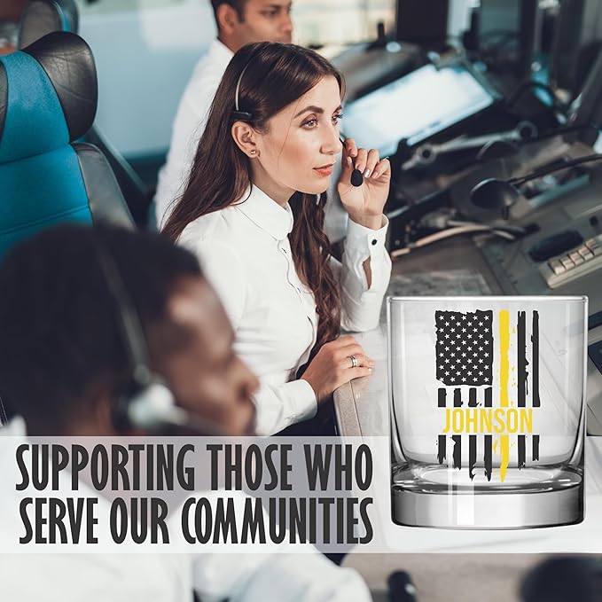 Blue Ridge Mountain Gifts - Thin Yellow Line Whiskey Glass - Personalized Dispatch Glass, 911 Dispatch Appreciation, Yellow Line Merch, First Responders Gift, Custom Barware, Thin Gold Line Flag