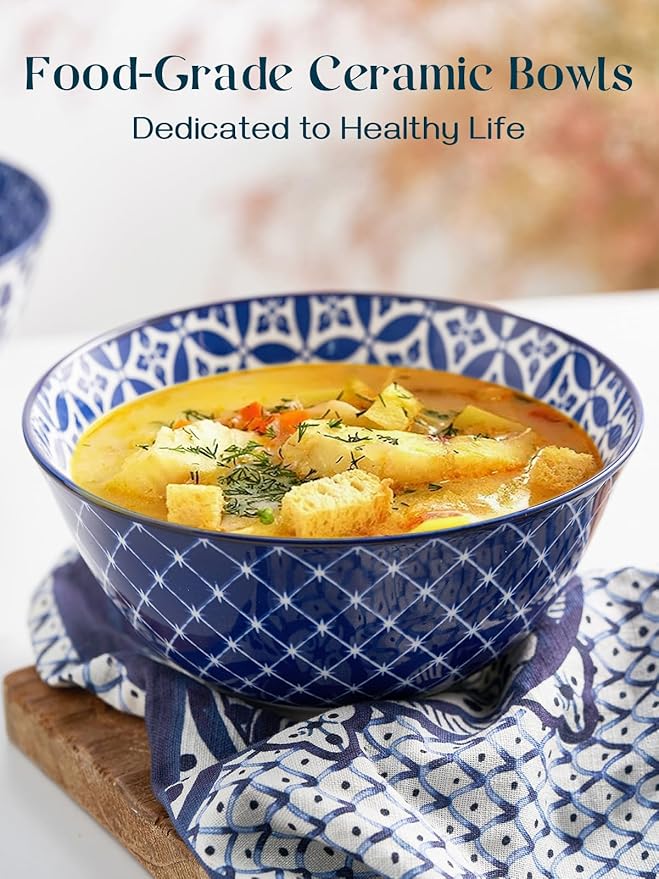 DOWAN 33 OZ Large Bowls Set of 6 - Ceramic Deep Bowl for Ramen, Pasta, Salad - Vintage Blue Porcelain Bowls for Kitchen Decor & Housewarming Gift - Dishwasher & Microwave Safe