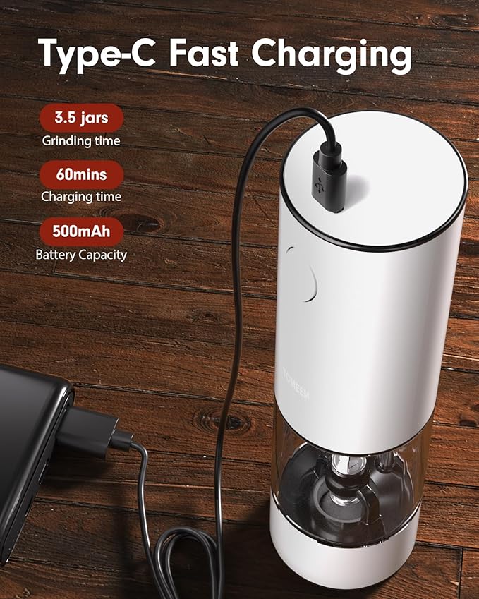 TOMEEM Upgraded Larger Capacity Electric Salt and Pepper Grinder Set Rechargeable with LED lights, Stainless Steel Automatic Pepper and Salt Grinder Refillable with 5 Adjustable Coarseness White