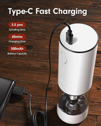 TOMEEM Upgraded Larger Capacity Electric Salt and Pepper Grinder Set Rechargeable with LED lights, Stainless Steel Automatic Pepper and Salt Grinder Refillable with 5 Adjustable Coarseness White