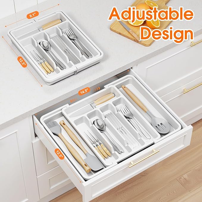 Silverware Organizer，Adjustable & Expandable Utensil Drawer Organizer, BPA Free Utensil Holder, Cutlery Tray for Forks, Spoons, Knives in Kitchen, Medium, White