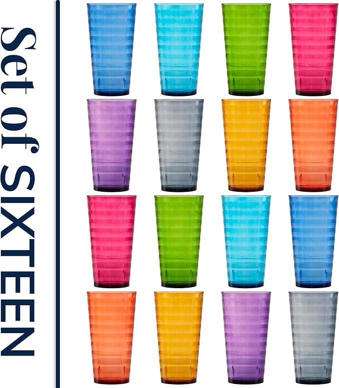 US Acrylic Splash [Set of 16] 18 ounce Plastic Stackable Water Tumblers in Jewel Tone Colors Value Set of Drinking Cups, Reusable, BPA-free, Made in the USA, Top-rack Dishwasher Safe