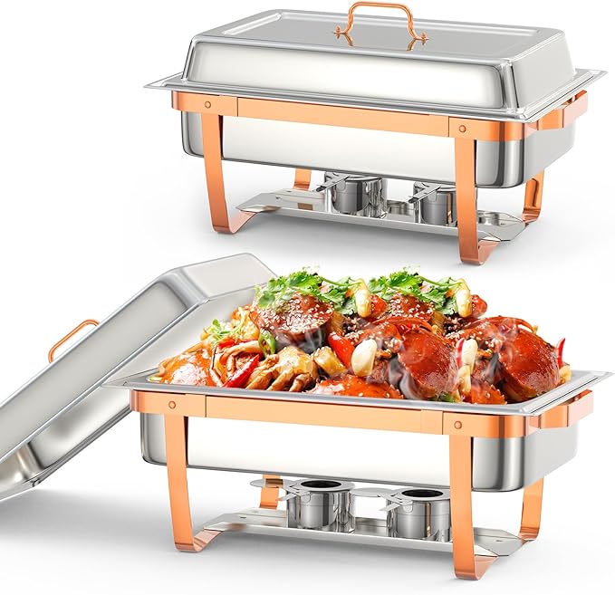 GarveeHome Chafing Dish Buffet Set, 8QT 2 Pack, Rectangle Chafing Dishes for Buffet w/Lid Holder, Stainless Steel Chafer Food Warmers Servers for Kitchen Party Banquet Dining, Rose Gold