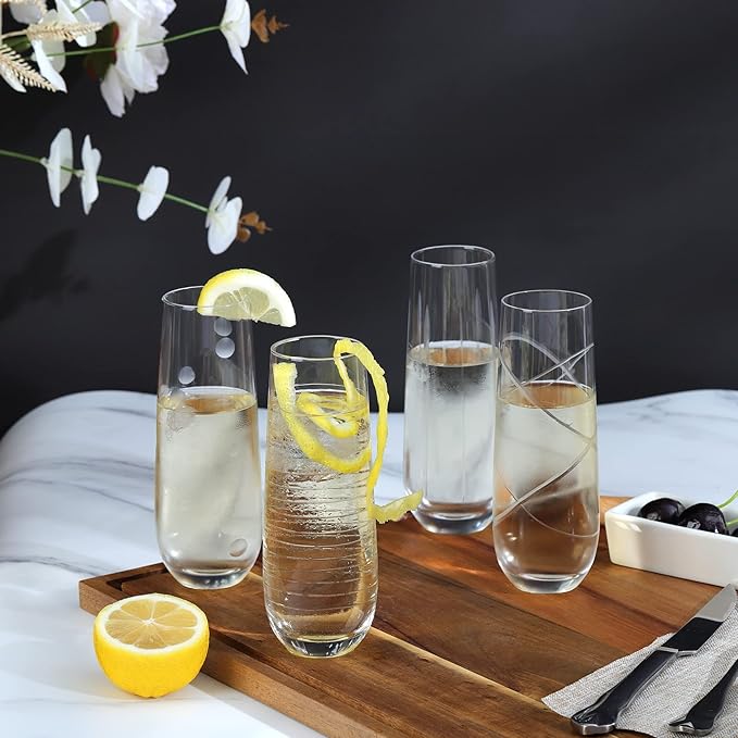 Joeyan Etched Champagne Flutes Glasses Cups,Handmade Mouth Blown Aesthetics Glassware Art Decoration,Home Bar Essentials,Gifts for Wedding Anniversary Daily Use,Set of 4,9.8 oz,Dishwasher Safe