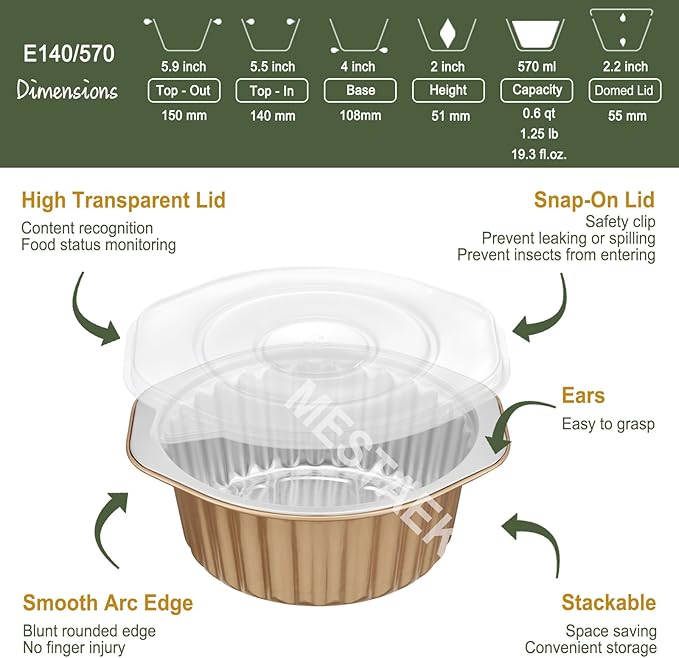 5.5" Aluminum Foil Pans with Integrated Handles and Snap-On Lids (10 pcs) | 2X Thickness Heavy-Duty Reusable Foil for Baking and Cooking