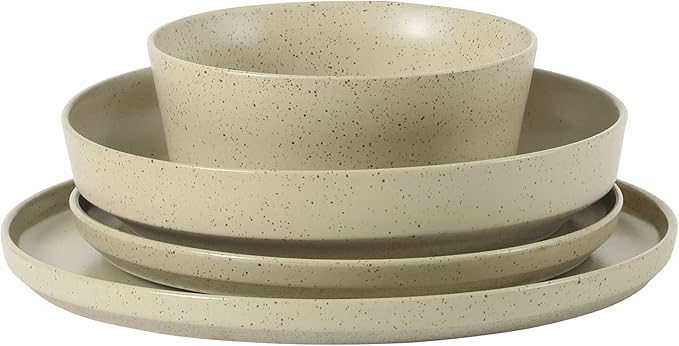 Gibson Elite Overbrook 16-Piece Pottery Clay Stoneware Dinnerware Set – White Reactive Glaze, Stackable Plates and Bowls w/Pasta Bowl, Service for 4 – Microwave & Dishwasher Safe