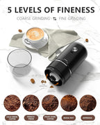 Portable Electric Coffee Grinder，Automatic Coffee Grinder with USB Type-C wireless charging design，Adjustable Coarse to Fine for coffee beans, grains, cleaning brush + cable Includes (black)