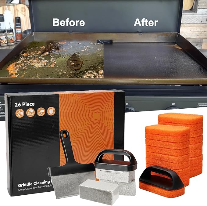 Griddle Cleaning Kit for Blackstone, 26 Pieces Flat Top Grill Accessories Cleaner Tool Set - 1 Scraper, 3 Cleaning Brick, 20 Scouring Pads, and 2 Handles, Easy Cleaning on Hot or Cold Surfaces