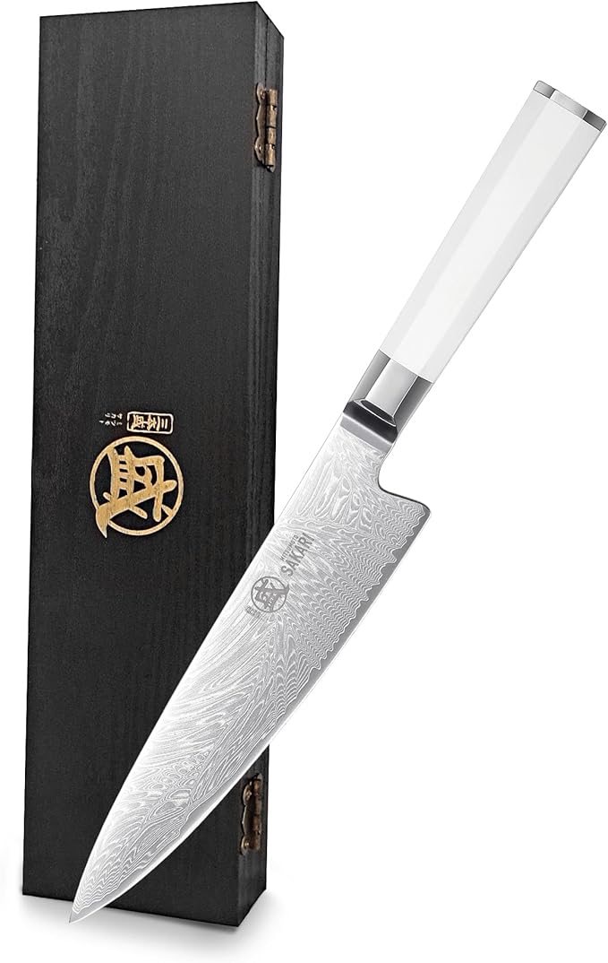 MITSUMOTO SAKARI Japanese Damascus Chef Knife, 8 Inch Kitchen Knife - Razor Sharp VG-Pro Steel Core, Precision Cutting for Meat & Veggies, Comfort Grip Ergonomic G10 Handle