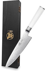 MITSUMOTO SAKARI Japanese Damascus Chef Knife, 8 Inch Kitchen Knife - Razor Sharp VG-Pro Steel Core, Precision Cutting for Meat & Veggies, Comfort Grip Ergonomic G10 Handle