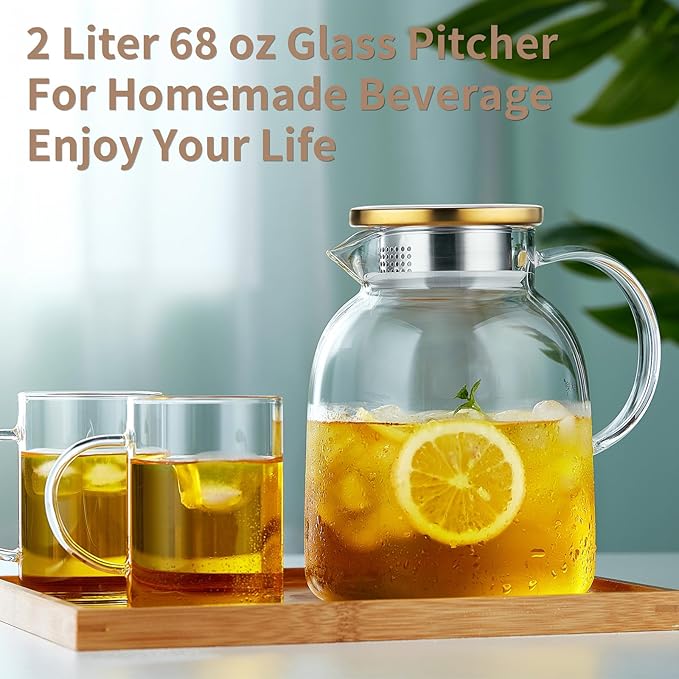 2L 68OZ Glass Pitcher with Lid and Spout, Water Jug, Glass Water Pitcher Carafe for Hot/Cold Water 2000ml for Fridge, Large Iced Tea Jug for Homemade Beverage