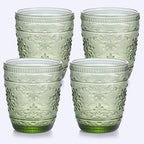 4Pcs Green Drinking Glassware, 10OZ Drinking Glasses, Heavy Duty Glass Cups, Colored Embossed Glasses Set for Party Wedding Home Office Glassesware Gift