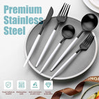 Lemeya Matte Black White Silverware Set for 6,Modern Stainless Steel Brushed Cutlery Set,30-Pieces Heavy Duty Flatware Set,Knives Spoons and Forks Set Utensils Set, Satin Finish, Dishwasher Safe