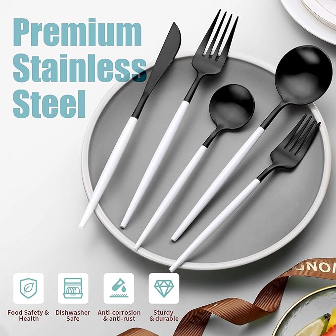 Lemeya Matte Black White Silverware Set for 6,Modern Stainless Steel Brushed Cutlery Set,30-Pieces Heavy Duty Flatware Set,Knives Spoons and Forks Set Utensils Set, Satin Finish, Dishwasher Safe