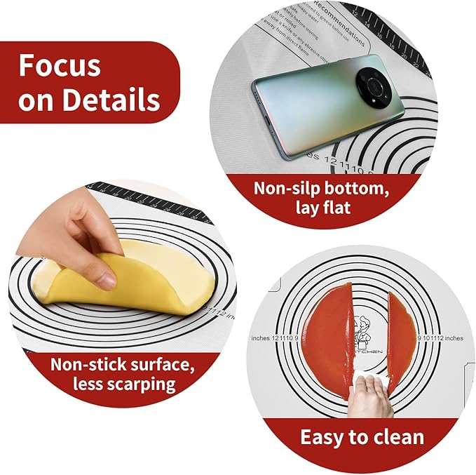 Non-stick Pastry Mat, Silicone Baking Mat with Measurement, Extra Large Silicone Mat for Baking Cookie Pie Bread Pizza Oven Reusable & Dishwasher Safe