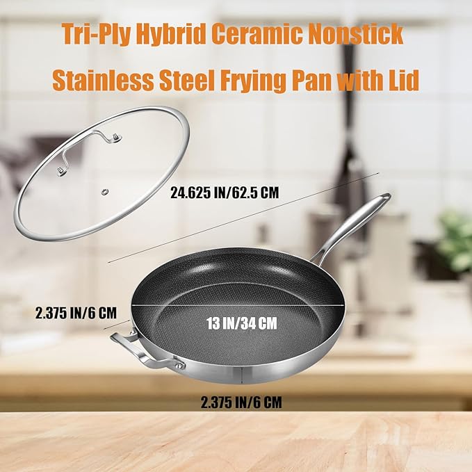 Inqibee 13-Inch Tri-Ply Hybrid Ceramic Non Stick Stainless Steel Frying Pan with Lid,Large Skillet,Induction Chef's Cooking Pan,Dishwasher and Oven Safe,Detachable Handle