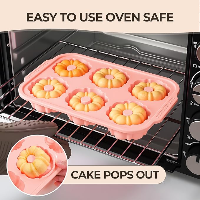 Mini Fluted Tube Cake Pans for Baking with Metal Reinforced Frame, 2Pcs Silicone 6-Cavity Mini Flan Molds, Nonstick Baking Mold for Cupcake, Brownie, Donuts, Cornbread, Jello