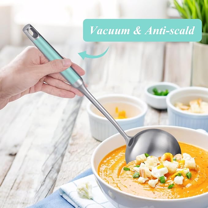 Soup Ladle and Slotted Spoon Set of 2, Metal 316 Stainless Steel Kitchen Ladles Food Strainer, Large Cooking Ladel and Fryer Scoop Kitchen Utensil Set for Stirring Serving Draining Frying
