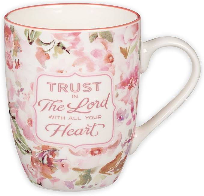 Christian Art Gifts Encouraging Ceramic Coffee & Tea Bible Verse Mug for Women: Trust in the Lord Inspirational Scripture Proverb, Microwave & Dishwasher Safe, White & Pink Watercolor Floral, 12 oz.