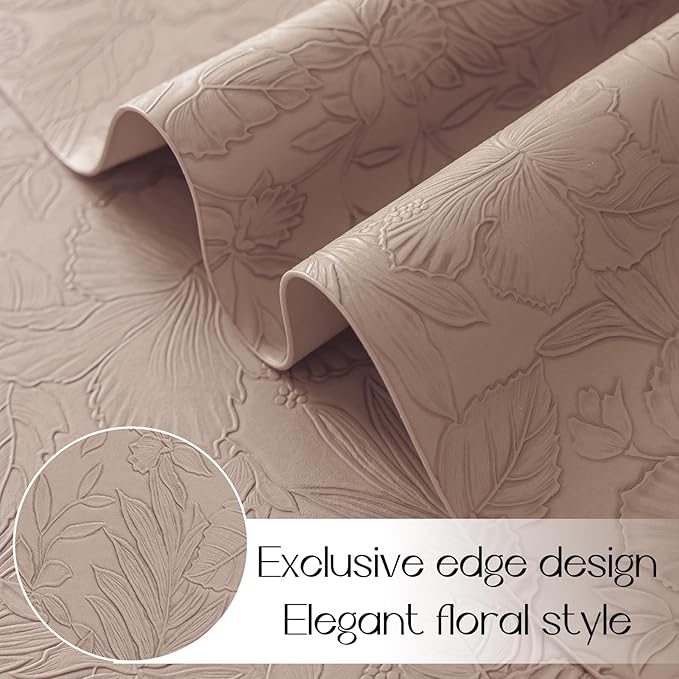 Romanstile Vinyl Placemats Set of 6-12 X 18 Inch - Heat Resistant Non-Slip Embossed Floral Place Mats 100% Waterproof Oilproof Wipeable Faux Leather Table Mats for Kitchen/Dining/Party, Khaki