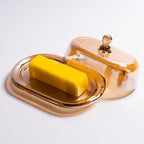 Champagne Color Glass Butter Dish with Lid, Covered Butter Stick Holder Tray, Large Crystal Glass Butter Storage Container for Kitchen Countertop
