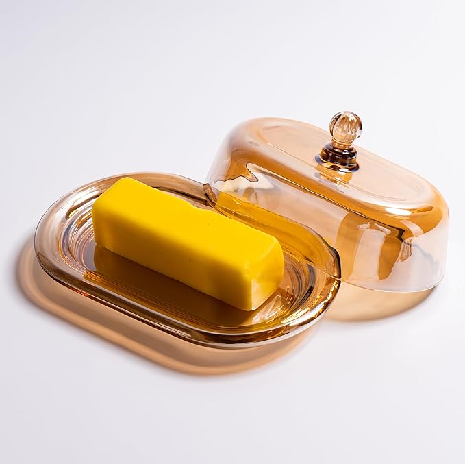 Champagne Color Glass Butter Dish with Lid, Covered Butter Stick Holder Tray, Large Crystal Glass Butter Storage Container for Kitchen Countertop