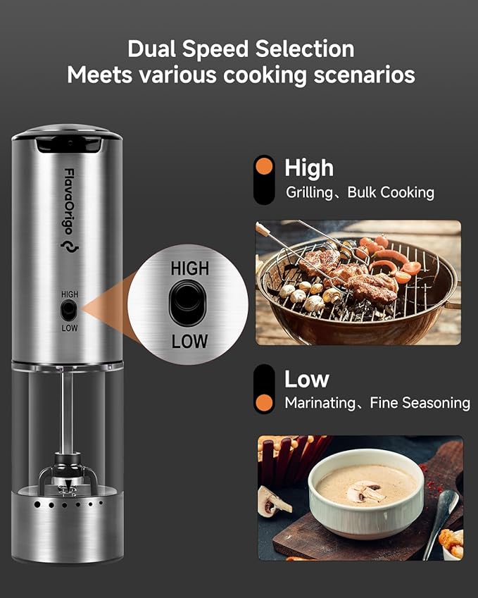 USB-C Rechargeable Electric Salt & Pepper Grinder Set - External Adjustable Coarseness (6 Settings), Large Capacity, Dual-Speed Control, One-Hand, LED, Stainless Steel (2 Pack)